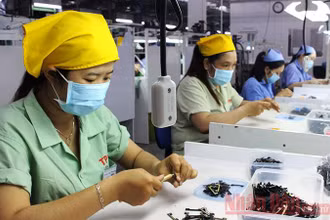 Sản xuất linh kiện điện thoại tại doanh nghiệp có vốn đầu tư nước ngoài trong KCN ở Bình Dương. (Ảnh: Mai Xuân)