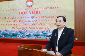 Đồng chí Trần Thanh Mẫn, Ủy viên Bộ Chính trị, Chủ tịch UBTƯ MTTQ Việt Nam phát biểu tại hội nghị.