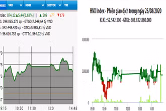 Diễn biến VN-Index và HNX-Index, phiên giao dịch ngày 25-8. 