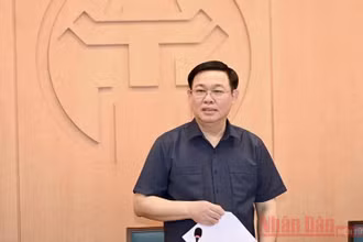Đồng chí Vương Đình Huệ, Uỷ viên Bộ Chính trị, Bí thư Thành uỷ phát biểu ý kiến tại cuộc họp. (Ảnh: DUY LINH) 