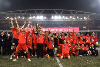 Thầy trò HLV Park Hang Seo từng đánh bại Malaysia 1-0 ở chung kết lượt về, qua đó lên ngôi vô địch AFF Cup 2018. (Ảnh: VFF)