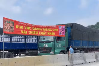  Khu vực đỗ xe dành riêng cho xe chở hàng quả vải thiều tại cửa khẩu Tân Thanh (Văn Lãng).