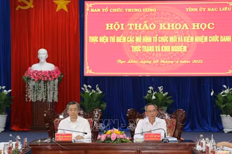 Đồng chí Nguyễn Quang Dương, Phó Trưởng Ban Tổ chức Trung ương và đồng chí Lữ Văn Hùng, Bí thư Tỉnh ủy Bạc Liêu đồng chủ trì hội thảo. (Ảnh: TTXVN)