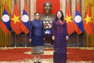 Phó Chủ tịch nước Võ Thị Ánh Xuân đón Phó Chủ tịch nước Lào Pany Yathotou. (Ảnh: TTXVN)