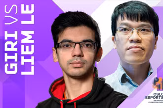 Lê Quang Liêm (phải) thi đấu áp đảo trước kỳ thủ số 1 Hà Lan Anish Giri. (Ảnh: Chess24)