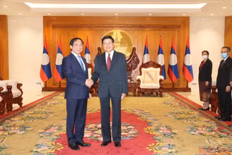 Tổng Bí thư, Chủ tịch nước Lào Thongloun Sisoulith (phải) tiếp Bộ trưởng Ngoại giao Bùi Thanh Sơn, chiều 28/4. (Ảnh: XUÂN SƠN)