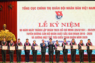 Đại tướng Lương Cường (thứ 6 từ phải qua) trao Bằng khen của Bộ trưởng Quốc phòng tặng các gương mặt trẻ tiêu biểu toàn quân năm 2020.
