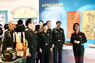 Các đại biểu và khách tham quan nghe thuyết minh tại triển lãm.