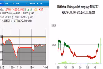 Diễn biến VN-Index và HNX-Index, phiên giao dịch ngày 16-3. 