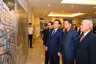 Bí thư Thành ủy Vương Đình Huệ cùng các đại biểu xem bản đồ quy hoạch phân khu đô thị. 