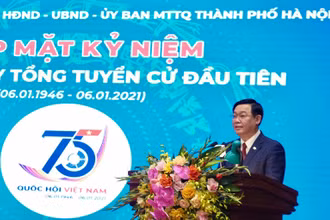 Đồng chí Vương Đình Huệ, Ủy viên Bộ Chính trị, Bí thư Thành ủy, Trưởng đoàn đại biểu Quốc hội TP Nội phát biểu tại buổi gặp mặt. (Ảnh: DUY LINH)