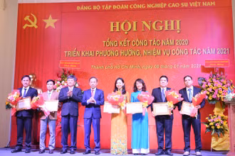 Lãnh đạo Đảng ủy VRG tặng bằng khen cho sáu đơn vị đạt thành tích trong sạch vững mạnh tiêu biểu năm 2020.