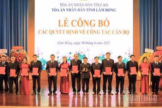 Đồng chí Nguyễn Văn Thanh, Chánh án Tòa án nhân dân tỉnh Lâm Đồng trao các quyết định về công tác cán bộ.