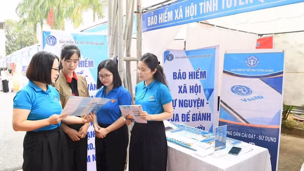 Cán bộ Bảo hiểm xã hội tỉnh Tuyên Quang hướng dẫn người lao động tham gia tại Sàn giao dịch việc làm. (Ảnh: NHẬT ANH). 