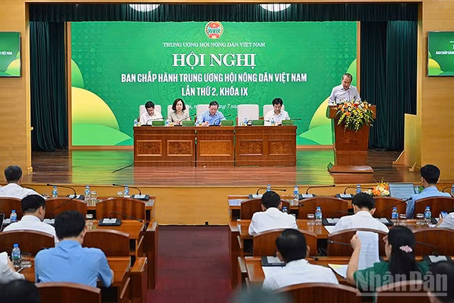 Các đại biểu tại hội nghị nghe Phó Chủ tịch Thường trực Hội Nông dân Việt Nam Phan Như Nguyện trình bày báo cáo tổng hợp.
