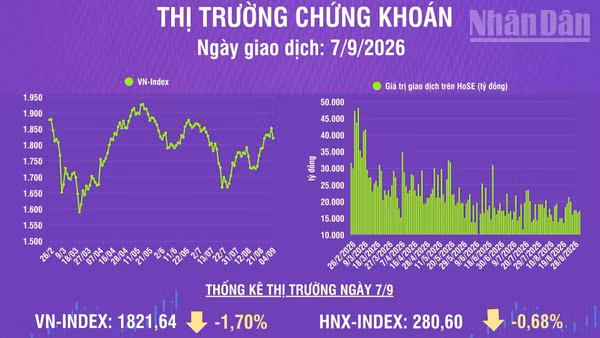 [Infographic] Chứng khoán ngày 7/9: VN-Index giảm mạnh 31,44 điểm, thanh khoản thị trường tăng