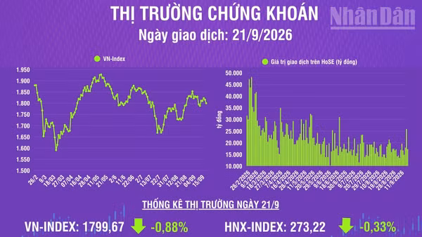 [Infographic] Chứng khoán ngày 21/9: VN-Index giảm 15,99 điểm, khối lượng giao dịch khớp lệnh giảm 29,1% so phiên trước