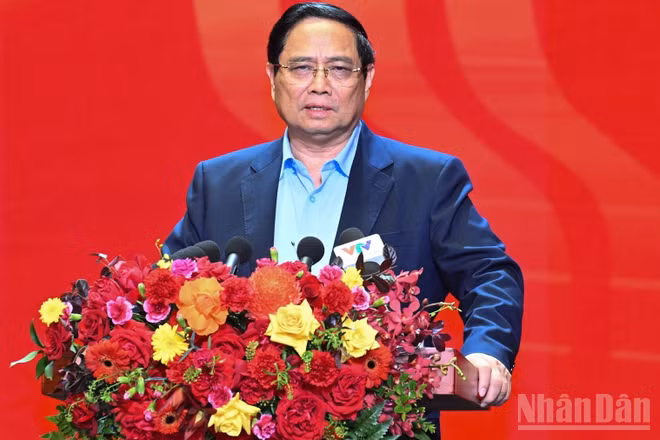 Thủ tướng Chính phủ Phạm Minh Chính phát biểu tại Đại hội Thi đua yêu nước ngành Ngân hàng lần thứ IX. (Ảnh: Trần Hải)