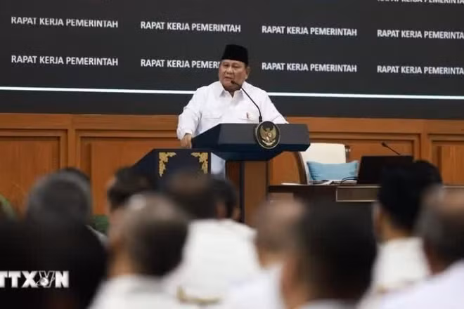 Tổng thống Indonesia Prabowo Subianto phát biểu tại sự kiện. (Ảnh: Minh Thái/TTXVN) 
