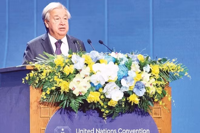 Tổng Thư ký Liên hợp quốc Antonio Guterres phát biểu tại Lễ mở ký Công ước Hà Nội.