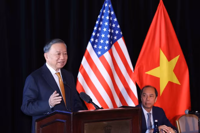 Tổng Bí thư, Chủ tịch nước Tô Lâm phát biểu tại buổi gặp gỡ chuyên gia, trí thức người Việt Nam tại Hoa Kỳ. (Ảnh: TTXVN)