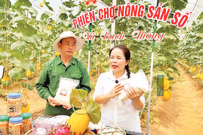 Bí thư Đảng ủy, Chủ tịch HĐND xã Bạch Thông (Thái Nguyên) Ma Thị Mận cùng nông dân livestream giới thiệu sản phẩm.