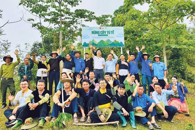 Sùng A Cải cùng cán bộ địa phương và đông đảo bà con tích cực trồng rừng, bảo vệ không gian sống cho cộng đồng.