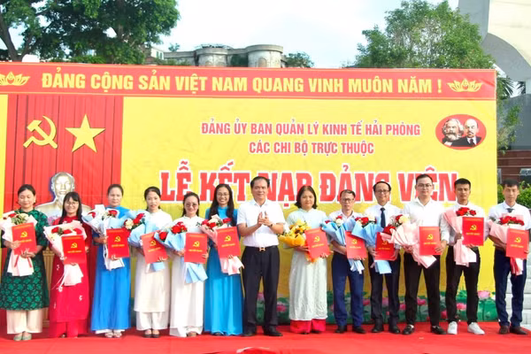 Đảng ủy Ban Quản lý kinh tế Hải Phòng kết nạp đảng viên mới. (Ảnh: HỒNG NHUNG)