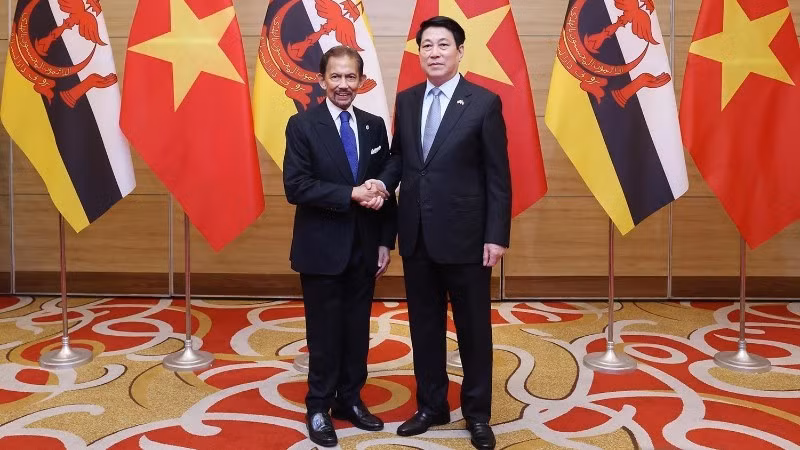 Chủ tịch nước Lương Cường đón Quốc vương Brunei Darussalam Haji Hassanal Bolkiah dự tiệc chiêu đãi. (Ảnh: Lâm Khánh-TTXVN)