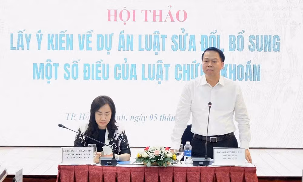 Thứ trưởng Tài chính Nguyễn Đức Chi phát biểu tại hội thảo. (Ảnh TRÀ VŨ)