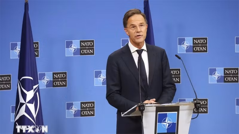 Tổng thư ký NATO Mark Rutte phát biểu về chi tiêu quốc phòng tại cuộc họp báo ở Brussels, Bỉ, ngày 1/10/2024. (Ảnh: Kyodo/TTXVN)