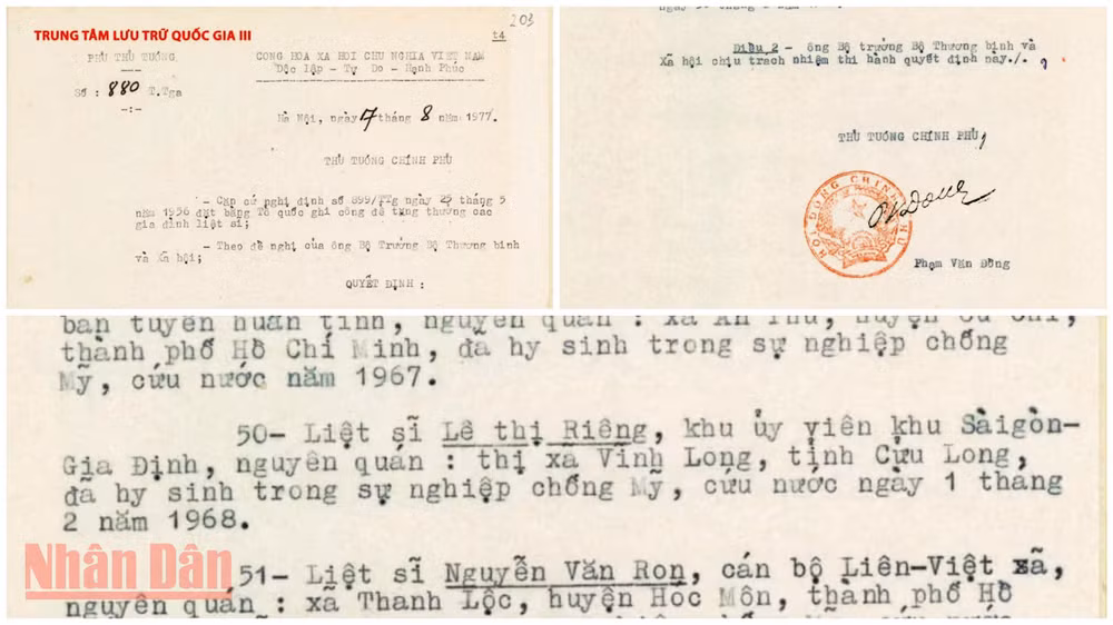 Quyết định số 880/T.Tga ngày 17/8/1977 của Thủ tướng Chính phủ tặng Bằng Tổ quốc ghi công cho 139 gia đình liệt sĩ trong đó có liệt sĩ Lê Thị Riêng. (Ảnh chụp tại Trung tâm Lưu trữ quốc gia III)