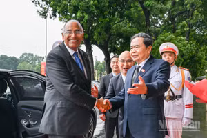 Chủ tịch Quốc hội Trần Thanh Mẫn đón Chủ tịch Quốc hội Cộng hòa Bờ Biển Ngà Patrick Achi. (Ảnh: DUY LINH)