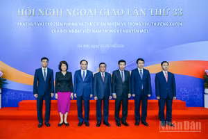 Thường trực Ban Bí thư Trần Cẩm Tú với các đồng chí lãnh đạo Bộ Ngoại giao. (Ảnh: DUY LINH)