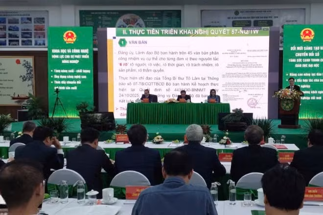Toàn cảnh Hội nghị “Thúc đẩy đột phá nghiên cứu khoa học, công nghệ, đổi mới sáng tạo gắn với đào tạo của các viện, trường thuộc Bộ Nông nghiệp và Môi trường”.