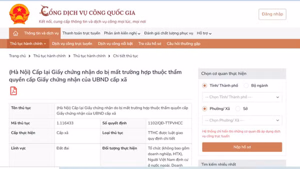 Thủ tục cấp lại giấy chứng nhận quyền sử dụng đất bị mất thuộc thẩm quyền cấp xã tại Hà Nội thực hiện trên Cổng Dịch vụ công quốc gia. 