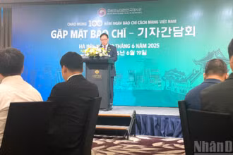 Đại sứ Hàn Quốc tại Việt Nam Choi Youngsam phát biểu tại buổi gặp mặt báo chí. 