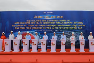 Phó Thủ tướng Trần Hồng Hà và các đại biểu thực hiện nghi thức khởi công Dự án Xây dựng khu tái định cư trên địa bàn phường Đồng Văn, tỉnh Ninh Bình.