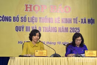Bà Nguyễn Thị Mai Hạnh (áo vàng), Trưởng Ban Hệ thống Tài khoản Quốc gia, Cục Thống kê, Bộ Tài chính trả lời tại họp báo. (Ảnh: HNV)