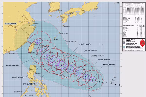 Dự báo của cơ quan khí tượng Mỹ về đường đi siêu bão CHAMPI. (Ảnh: Trung tâm Khí tượng thủy văn quốc gia)