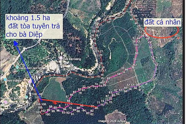 Các vị trí xảy ra tranh chấp giữa bà Diệp và ông Vui tại xã Suối Dầu (Khánh Hòa).