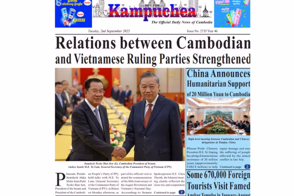 Trang nhất Báo Kampuchea số ra ngày 2/9. (Ảnh chụp màn hình)