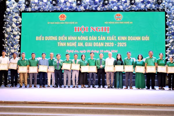 Lãnh đạo Hội Nông dân tỉnh Nghệ An trao Bằng khen của Hội cho các hội viên có thành tích xuất sắc. (Ảnh: PQ)