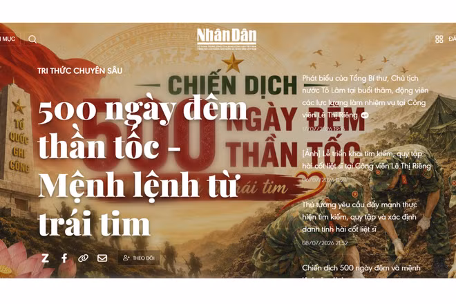 Giao diện của Tri thức chuyên sâu “Chiến dịch 500 ngày đêm thần tốc - Mệnh lệnh từ trái tim” trên Báo Nhân Dân.