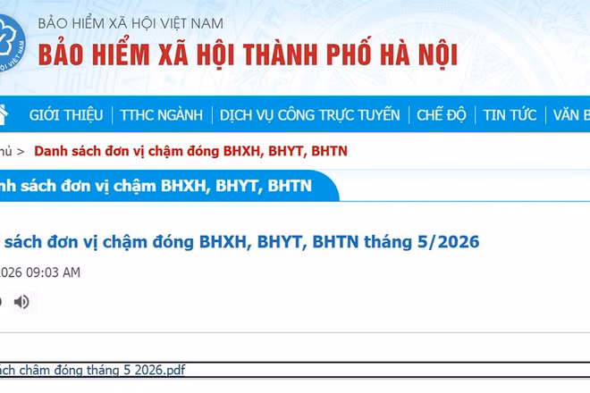 Thông tin về các đơn vị chậm đóng bảo hiểm xã hội, bảo hiểm y tế, bảo hiểm thất nghiệp trên website Bảo hiểm xã hội Hà Nội. 