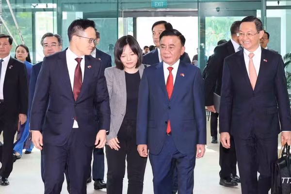 Quốc vụ khanh Bộ Quốc phòng Singapore Desmond Choo tiễn Thường trực Ban Bí thư Trần Cẩm Tú tại sân bay quốc tế Changi.