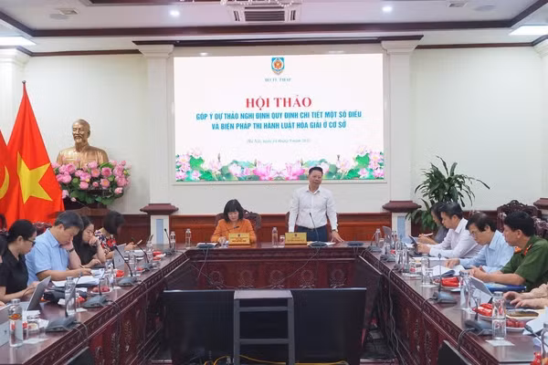 Thứ trưởng Tư pháp Nguyễn Thanh Ngọc phát biểu tại Hội thảo Góp ý dự thảo Nghị định quy định chi tiết một số điều và biện pháp thi hành Luật Hòa giải ở cơ sở. (Ảnh: TL)