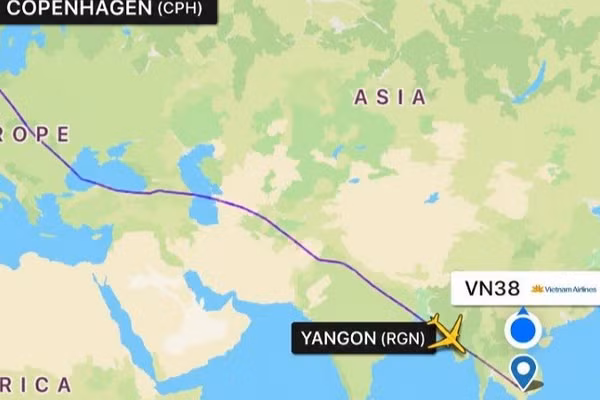 Sơ đồ hành trình bay của chuyến bay VN38 từ Copenhagen đi Thành phố Hồ Chí Minh. (Ảnh: Vietnam Airlines cung cấp).
