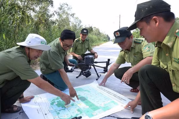 Cán bộ kiểm lâm tỉnh Cà Mau ứng dụng công nghệ trong quản lý và bảo vệ rừng.