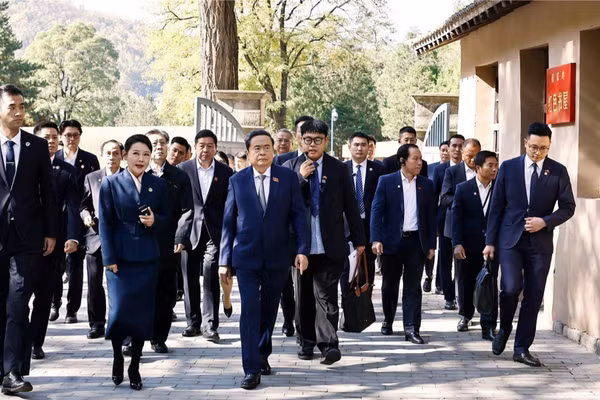 Chủ tịch Quốc hội Trần Thanh Mẫn và Đoàn đại biểu cấp cao Việt Nam tham quan Phòng họp Ban Bí thư tại Khu di tích Tảo Viên. (Ảnh: Doãn Tấn/TTXVN)